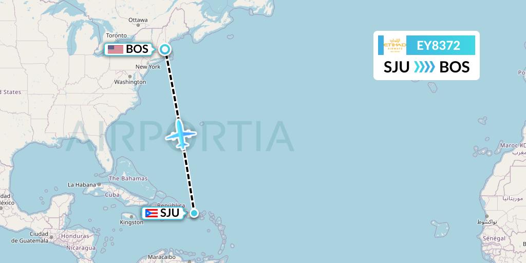 EY8372 Etihad Airways Flight Map: San Juan to Boston