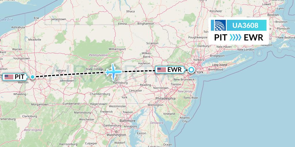UA3608 United Airlines Flight Map: Pittsburgh to New York