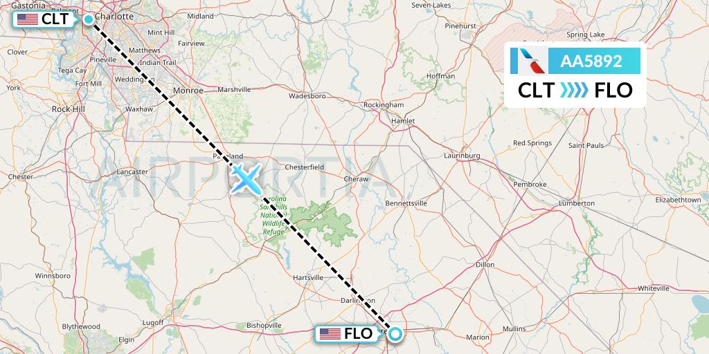 AA5892 American Airlines Flight Map: Charlotte to Florence