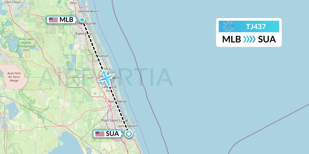 TJ437 Tradewind Aviation Flight Map: Melbourne to Stuart