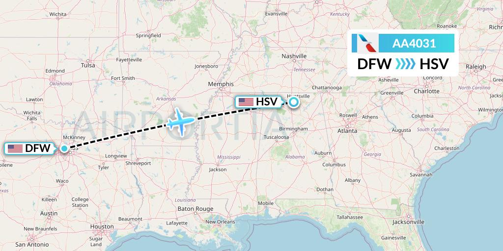 AA4031 American Airlines Flight Map: Dallas to Huntsville