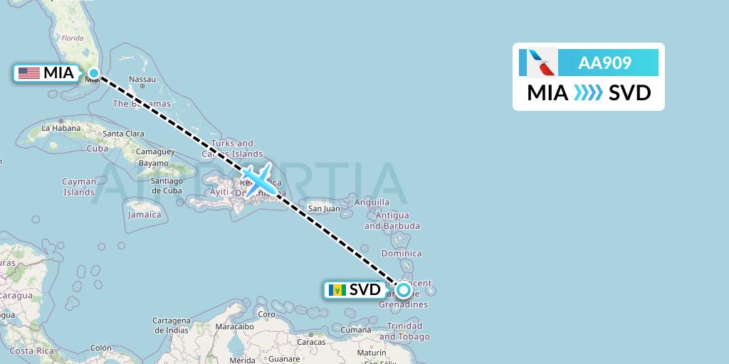 AA909 American Airlines Flight Map: Miami to Kingstown