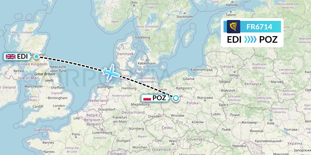 FR6714 Ryanair Flight Map: Edinburgh to Poznan