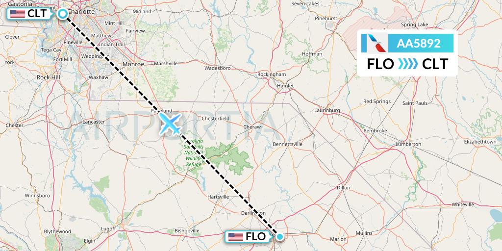 AA5892 American Airlines Flight Map: Florence to Charlotte