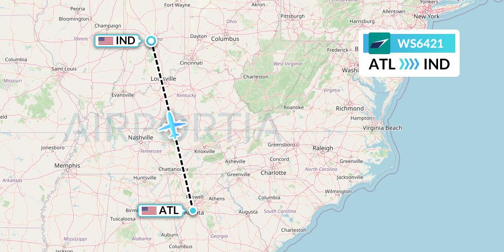 WS6421 WestJet Flight Map: Atlanta to Indianapolis
