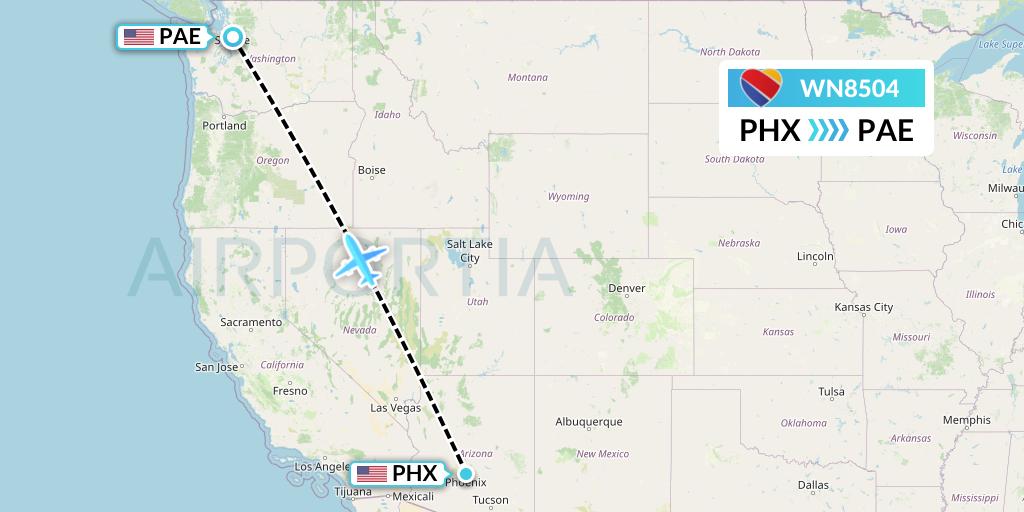 WN8504 Southwest Airlines Flight Map: Phoenix to Everett