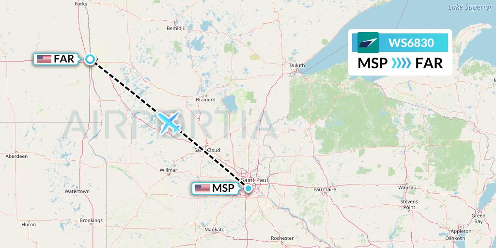 WS6830 WestJet Flight Map: Minneapolis to Fargo