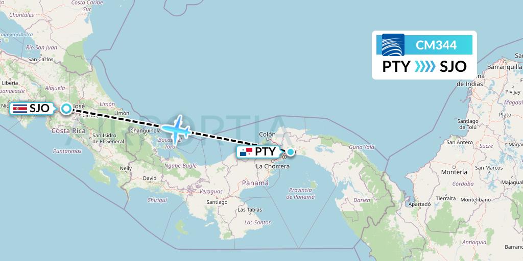 CM344 Copa Airlines Flight Map: Panama City to San Jose