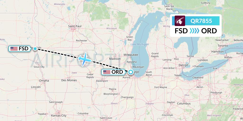 QR7855 Qatar Airways Flight Map: Sioux Falls to Chicago