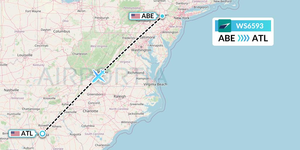 WS6593 WestJet Flight Map: Allentown to Atlanta
