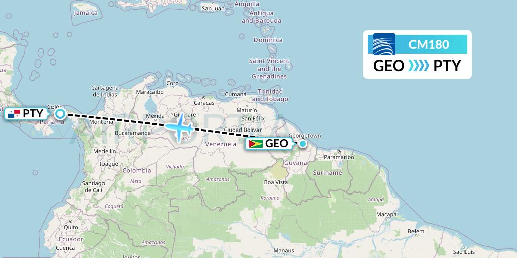 CM180 Copa Airlines Flight Map: Georgetown to Panama City