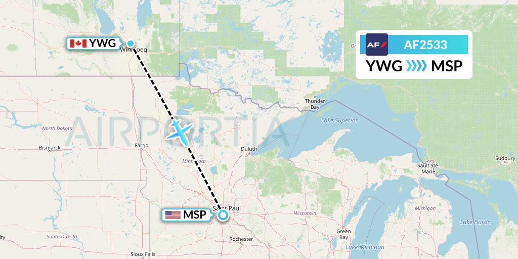 AF2533 Air France Flight Map: Winnipeg to Minneapolis