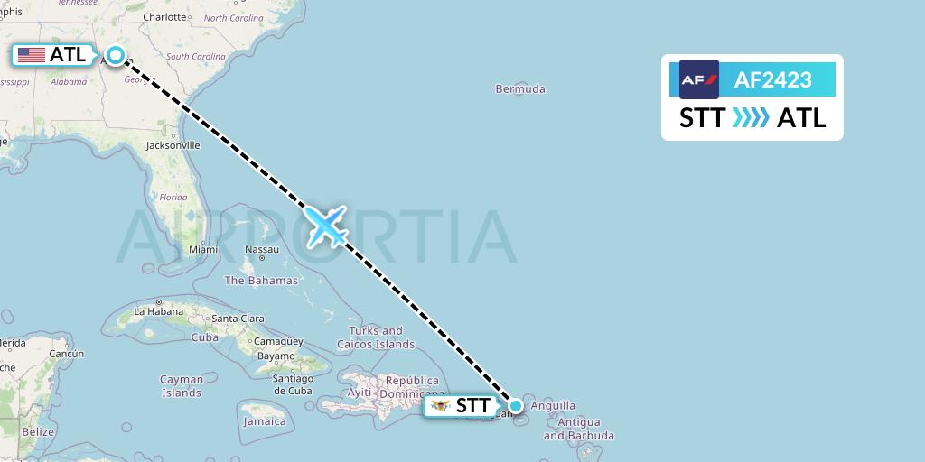 AF2423 Air France Flight Map: St. Thomas to Atlanta