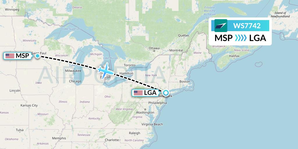WS7742 WestJet Flight Map: Minneapolis to New York