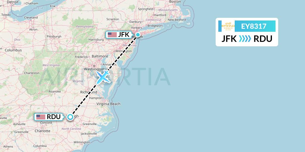 EY8317 Etihad Airways Flight Map: New York to Raleigh-Durham