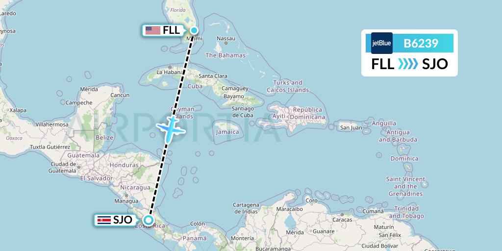 B6239 JetBlue Airways Flight Map: Fort Lauderdale to San Jose