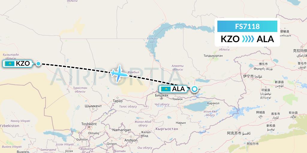 FS7118 Flyr Flight Map: Kyzylorda to Almaty