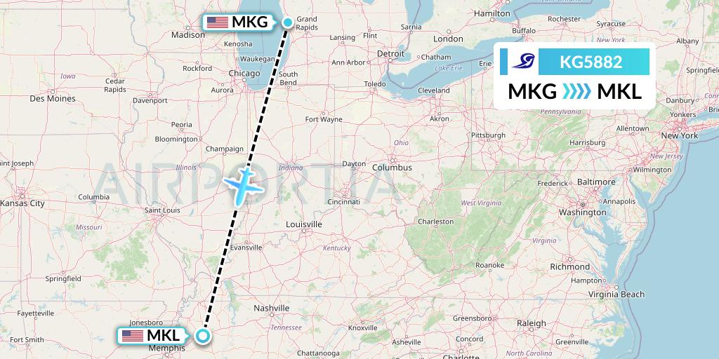 KG5882 Key Lime Air Flight Map: Muskegon to Jackson
