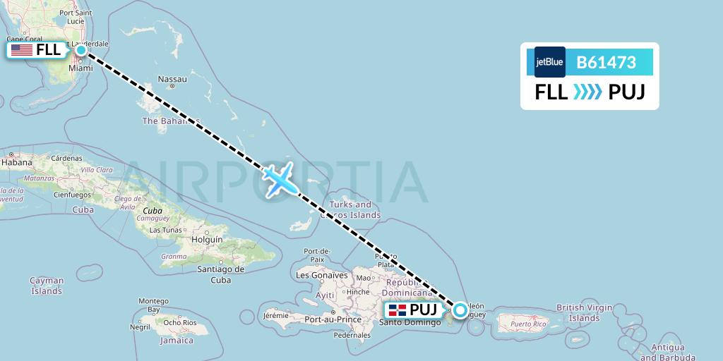 B61473 JetBlue Airways Flight Map: Fort Lauderdale to Punta Cana