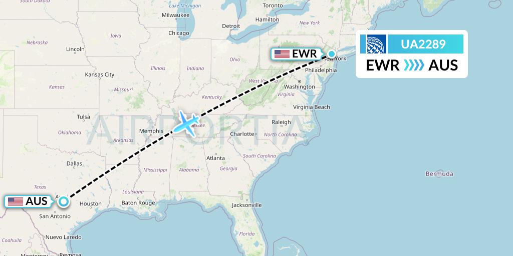 UA2289 United Airlines Flight Map: New York to Austin