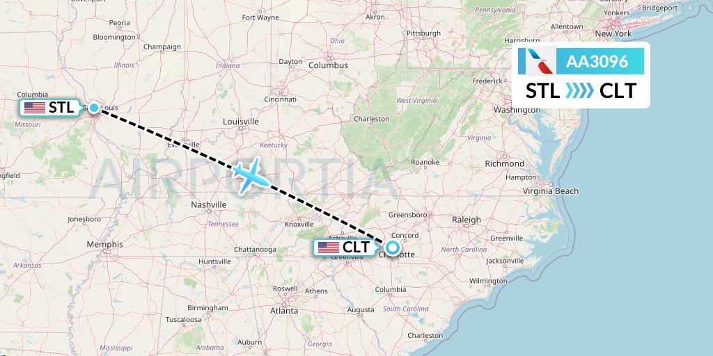 AA3096 American Airlines Flight Map: St. Louis to Charlotte