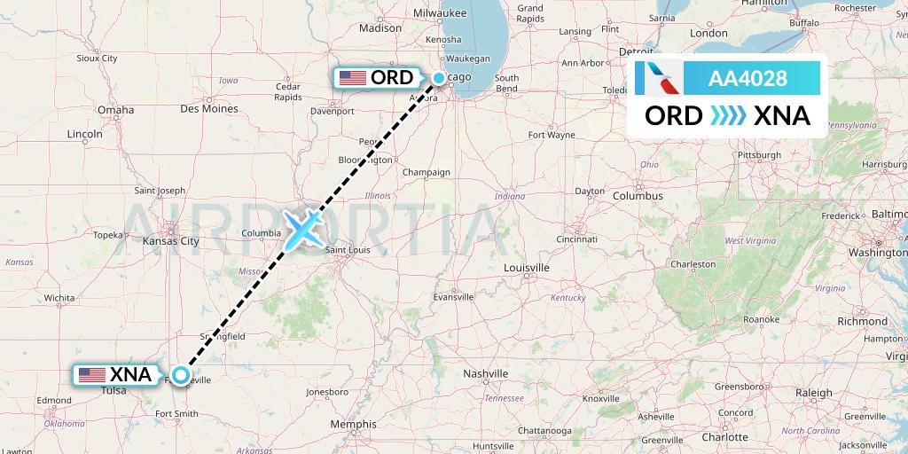 AA4028 American Airlines Flight Map: Chicago to Bentonville