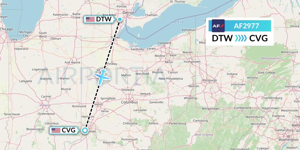 AF2977 Air France Flight Map: Detroit to Cincinnati