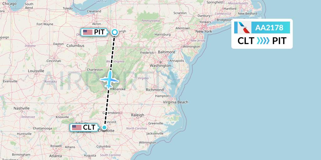 AA2178 American Airlines Flight Map: Charlotte to Pittsburgh