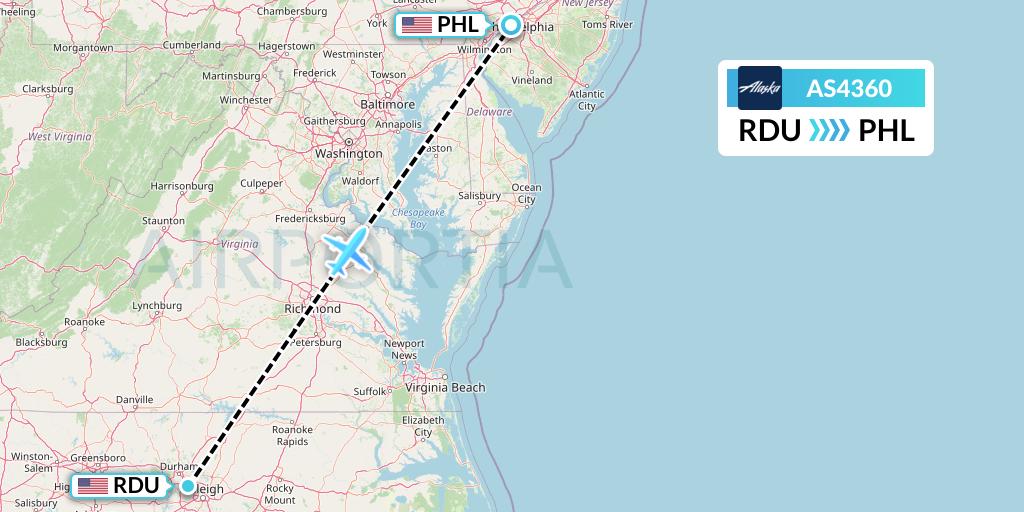 AS4360 Alaska Airlines Flight Map: Raleigh-Durham to Philadelphia