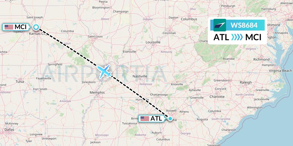 WS8684 WestJet Flight Map: Atlanta to Kansas City