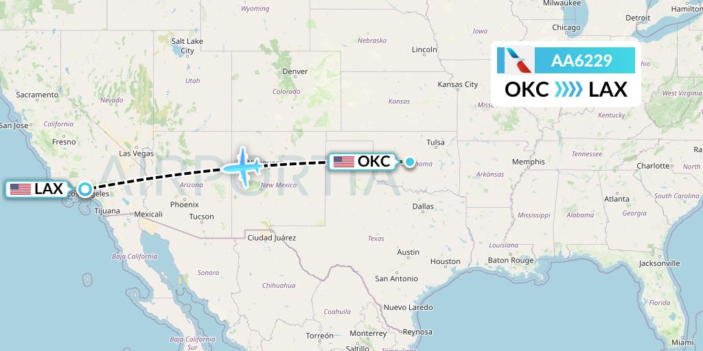 AA6229 American Airlines Flight Map: Oklahoma City to Los Angeles