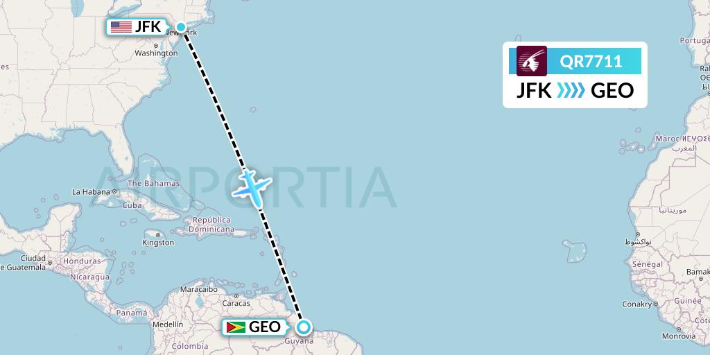QR7711 Qatar Airways Flight Map: New York to Georgetown