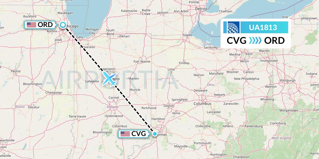 UA1813 United Airlines Flight Map: Cincinnati to Chicago