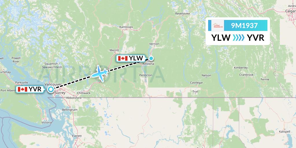 9M1937 Central Mountain Air Flight Map: Kelowna to Vancouver