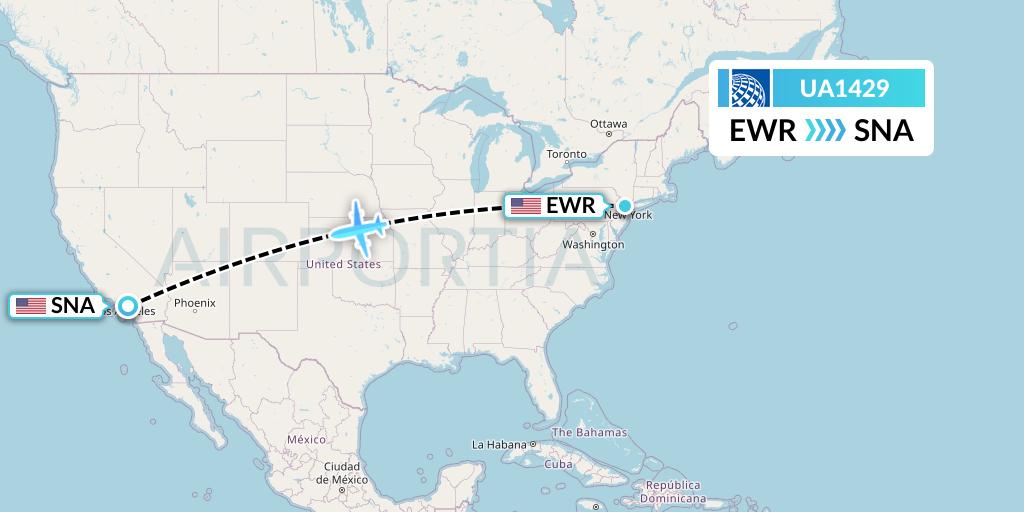 UA1429 United Airlines Flight Map: New York to Orange County