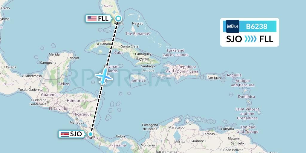 B6238 JetBlue Airways Flight Map: San Jose to Fort Lauderdale