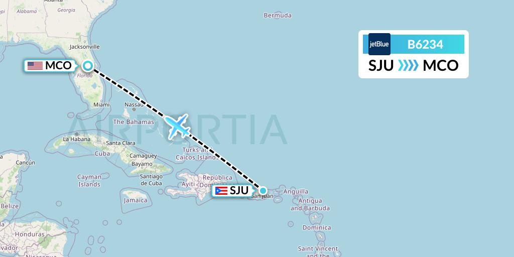 B6234 JetBlue Airways Flight Map: San Juan to Orlando