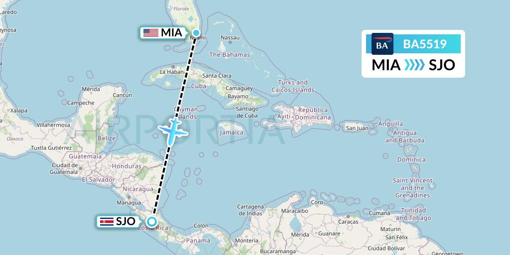 BA5519 British Airways Flight Map: Miami to San Jose