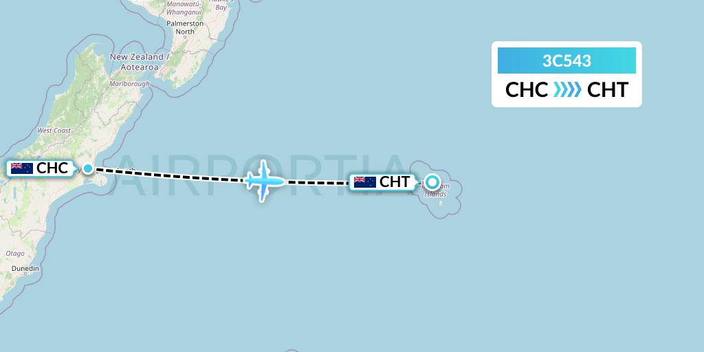 3C543 Air Chathams Flight Map: Christchurch to Waitangi