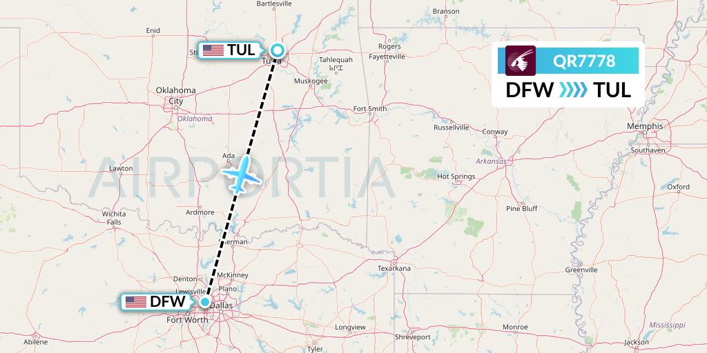 QR7778 Qatar Airways Flight Map: Dallas to Tulsa
