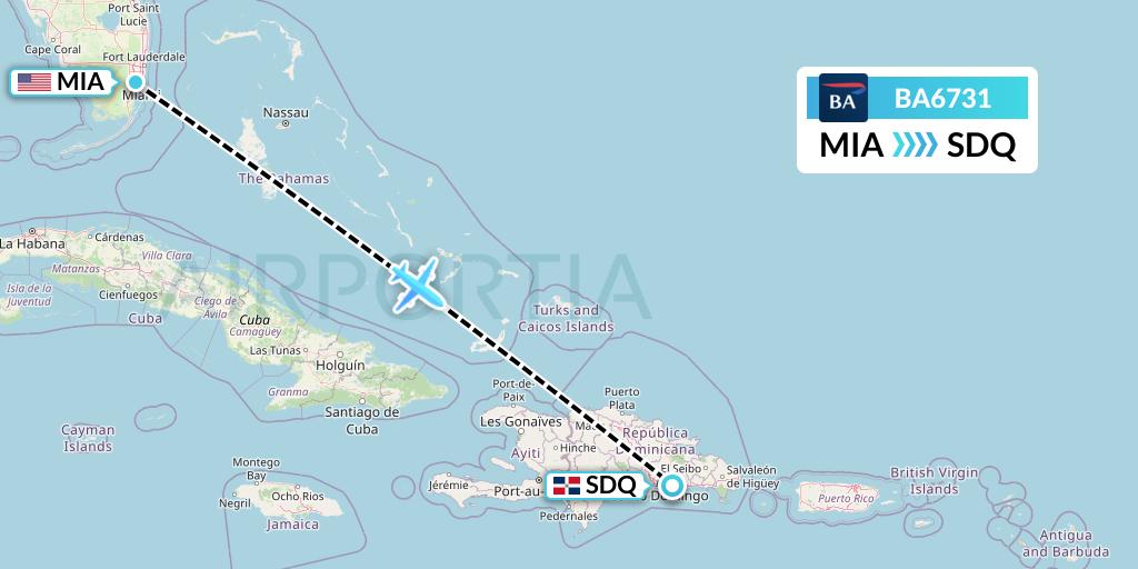 BA6731 British Airways Flight Map: Miami to Santo Domingo