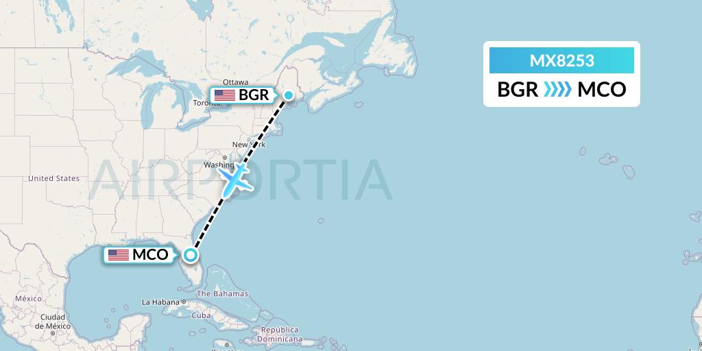 MX8253 Breeze Airways Flight Map: Bangor to Orlando