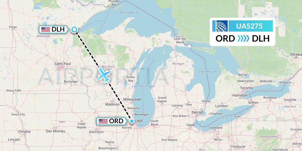 UA5275 United Airlines Flight Map: Chicago to Duluth
