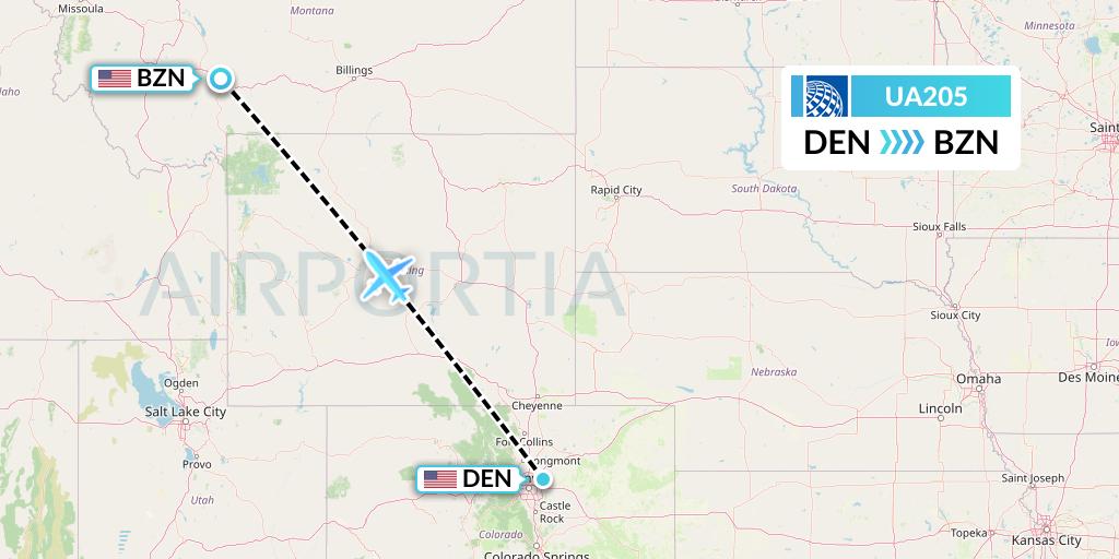 UA205 United Airlines Flight Map: Denver to Bozeman