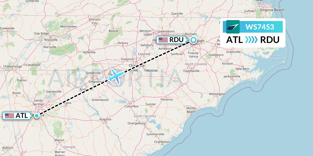 WS7453 WestJet Flight Map: Atlanta to Raleigh-Durham