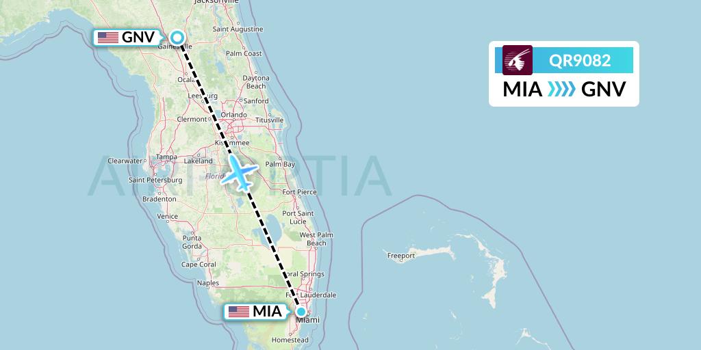 QR9082 Qatar Airways Flight Map: Miami to Gainesville