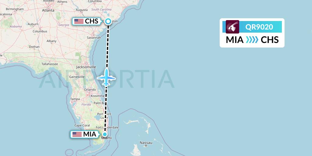 QR9020 Qatar Airways Flight Map: Miami to Charleston