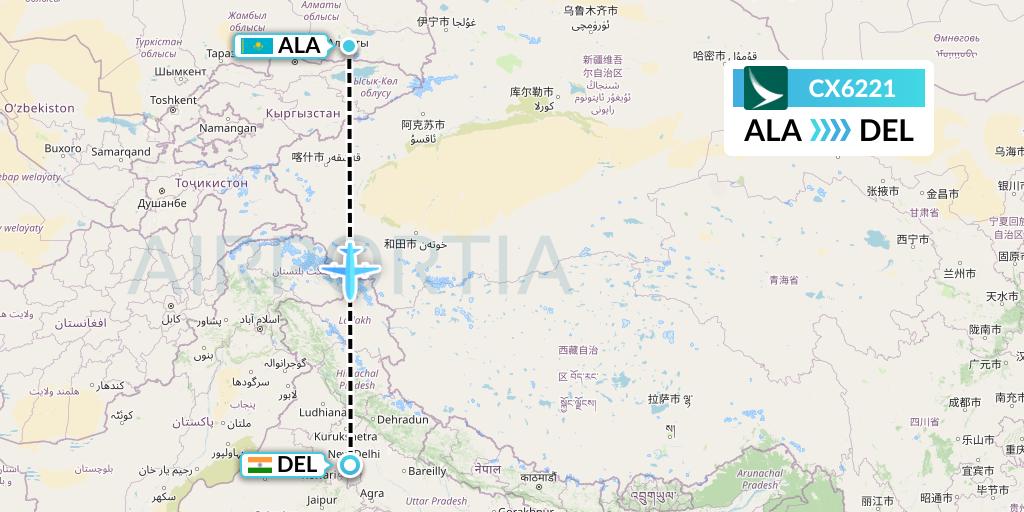CX6221 Cathay Pacific Flight Map: Almaty to Delhi