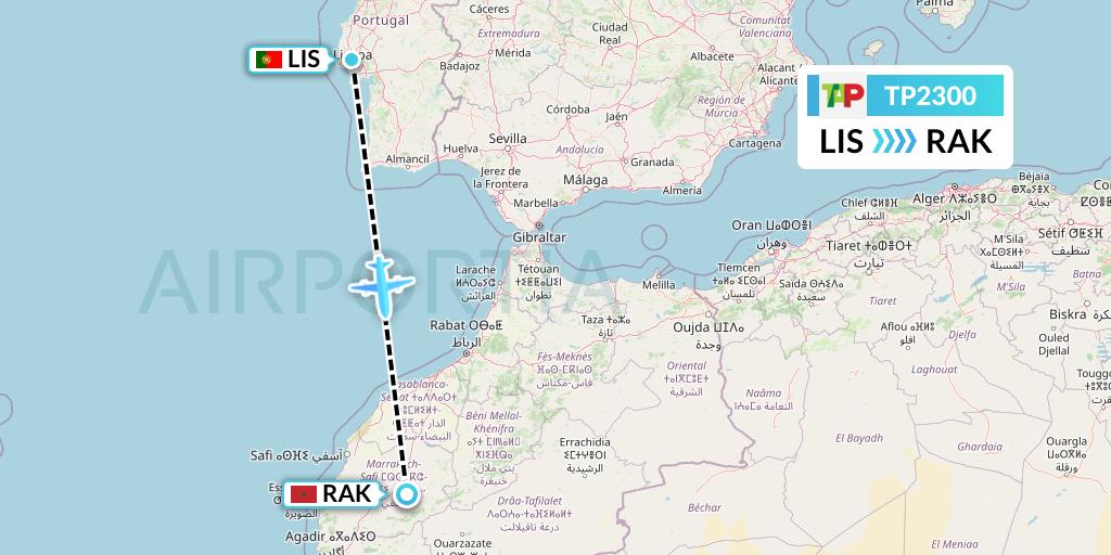 TP2300 TAP Portugal Flight Map: Lisbon to Marrakesh