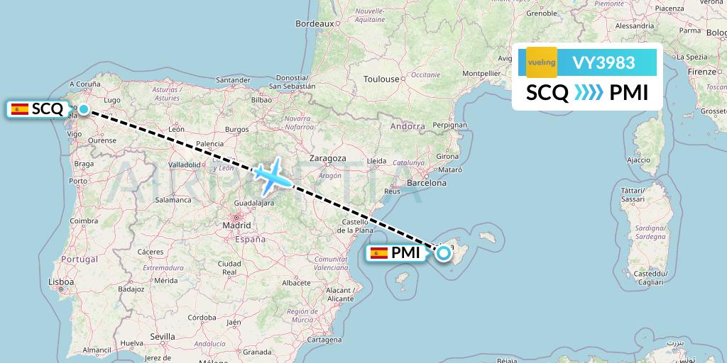 VY3983 Vueling Flight Map: Santiago to Palma de Mallorca